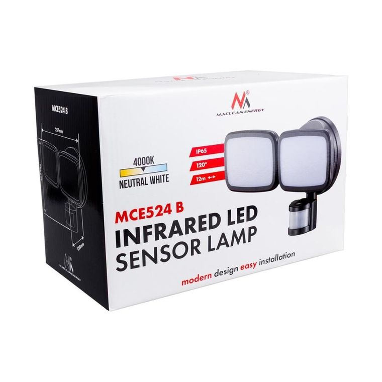 Maclean, ścienna lampa LED, z czujnikiem PIR, 20W, 1500LM, IP65, NEUTRAL WHITE 4000K, czarna, MCE524 B