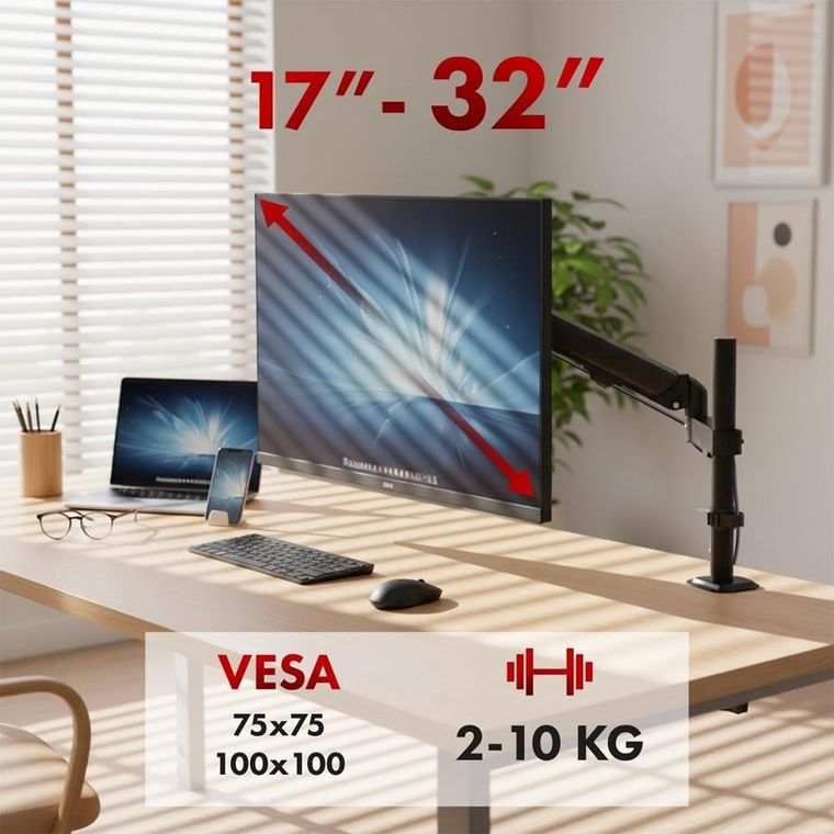Maclean, uchwyt na monitor, sprężyna gazowa, 17"-32", 2-10 kg, czarny, MC-135