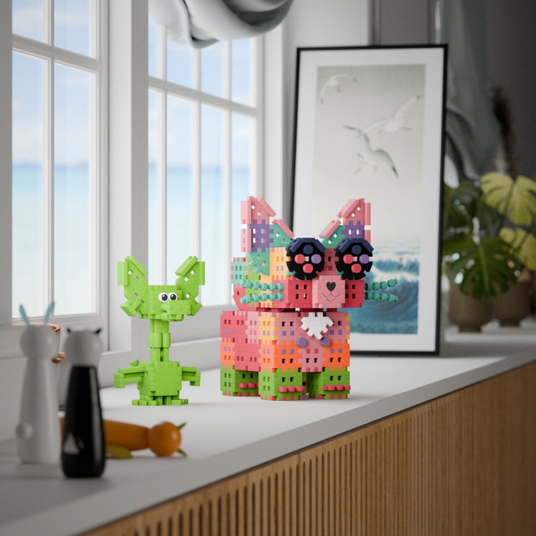 Marioinex, Mini Waffle, Smok Diplodok i Kotek, klocki konstrukcyjne, 280 elementów