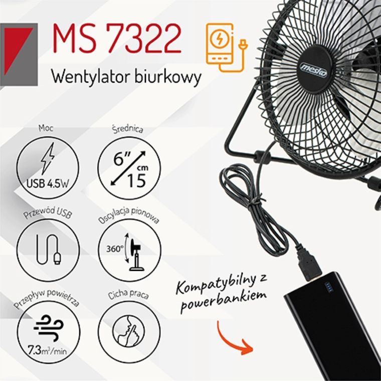 Mesko, wentylator biurkowy USB, MS 7322, 15 cm