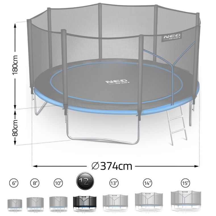 Neo-Sport, trampolina ogrodowa z siatką zewnętrzną i drabinką, 12ft/374 cm