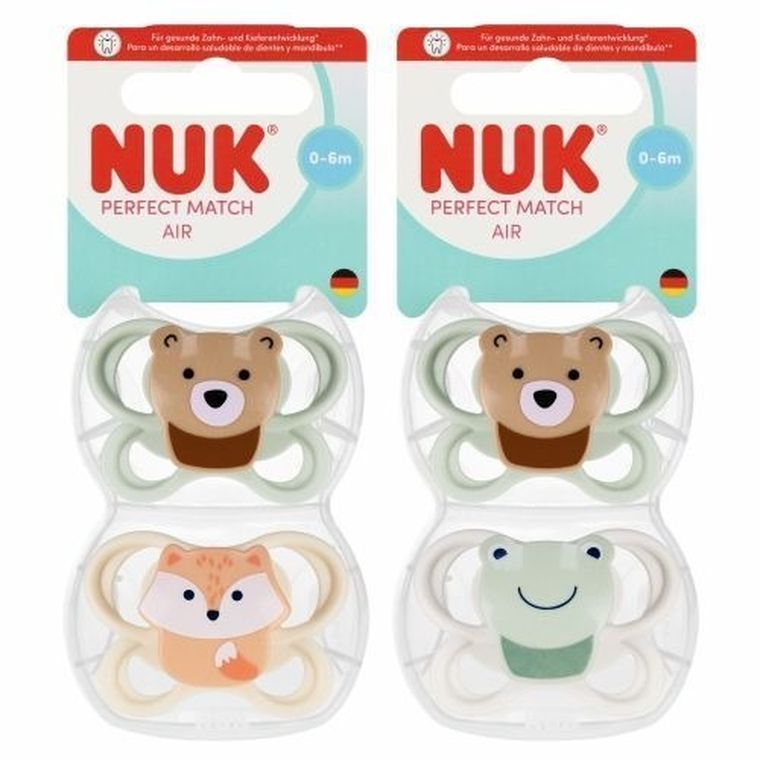 Nuk, Perfect Match Air, smoczek silikonowy, miś i żabka, 0-6, 2 szt.