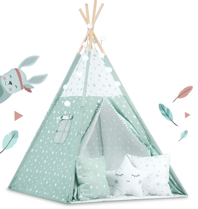 Nukido, namiot tipi dla dzieci ze światełkami, miętowe w gwiazdki