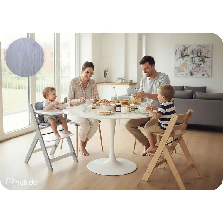 Nukido, Nelo, drewniane krzesełko do karmienia, szaro-białe