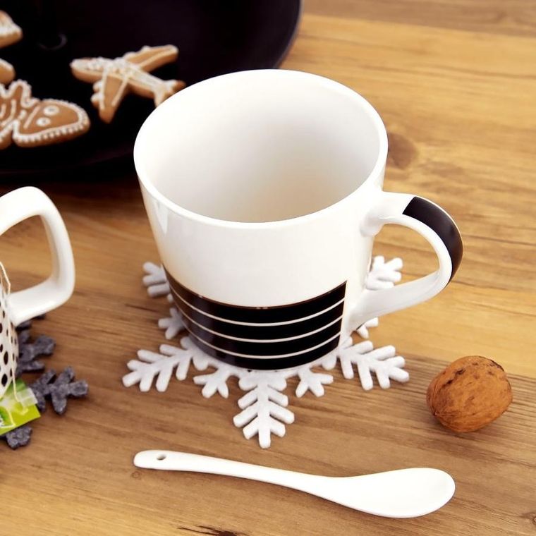 Orion, podstawka pod kubek, filcowa, biała płatek śniegu, 6 szt., 13.5 cm