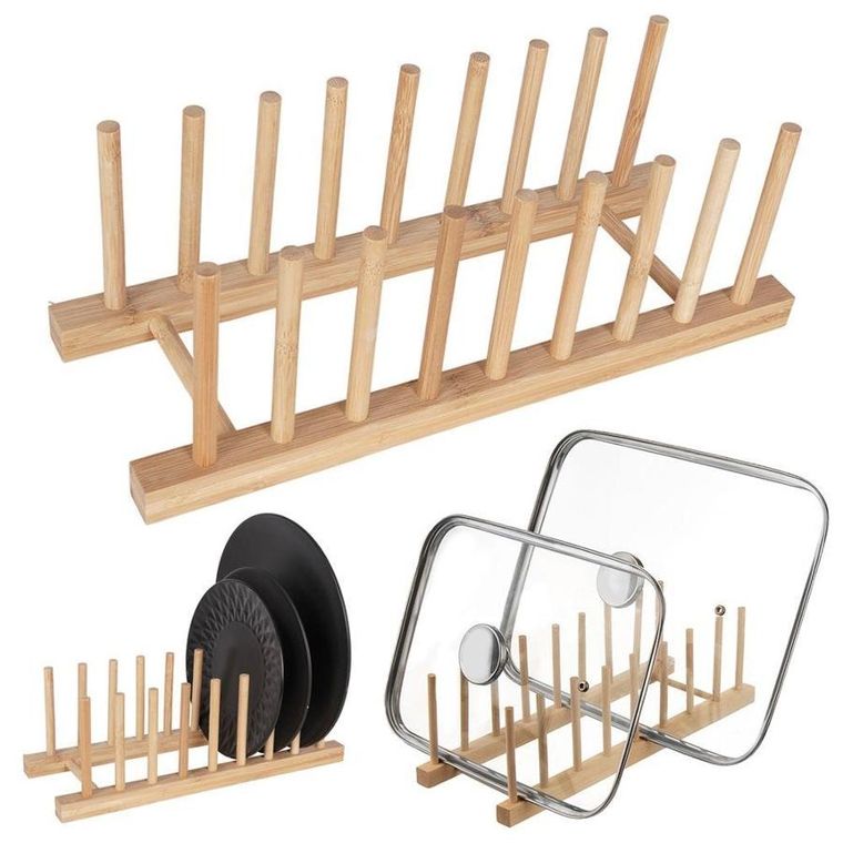 Orion, stojak na talerze i pokrywki, drewniany, 35.5-13.5-11 cm