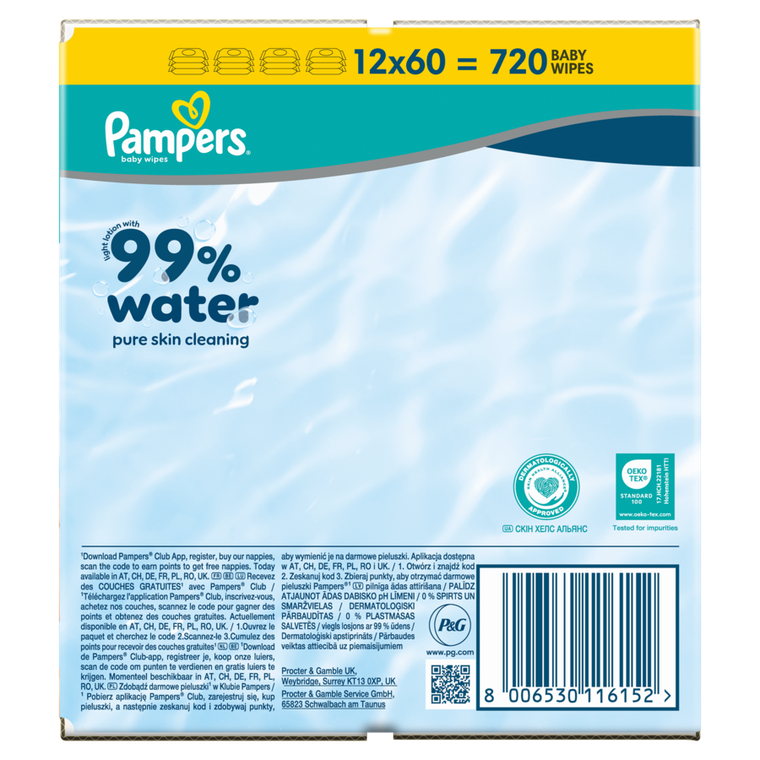 Pampers, 99% Water, chusteczki nawilżane dla dzieci, 12-60 szt.