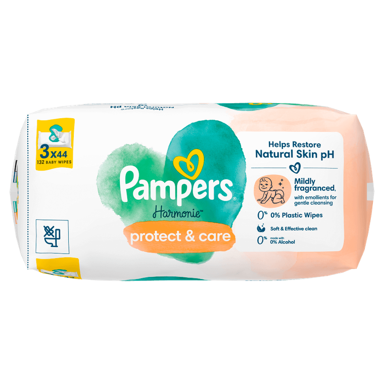 Pampers, Harmonie Protect & Care, chusteczki nawilżane dla dzieci, 3-pack, 132 szt.