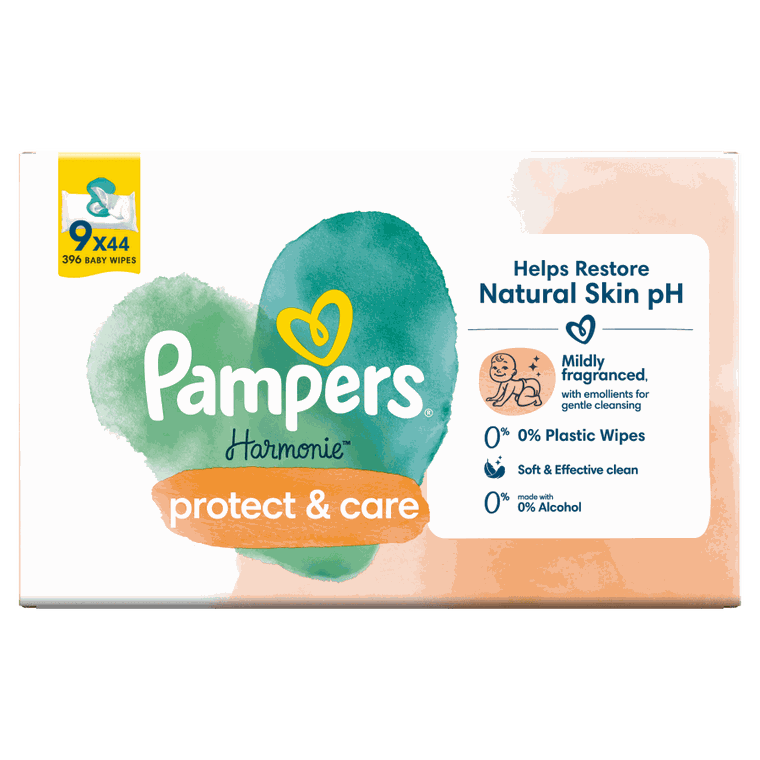 Pampers, Harmonie Protect & Care, chusteczki nawilżane dla dzieci, 9-pack, 396 szt.