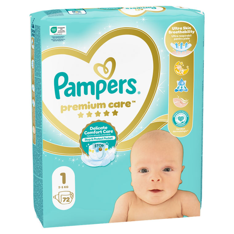 Pampers, Premium Care, pieluchy jednorazowe, rozmiar 1, 2-5 kg, 72 szt.