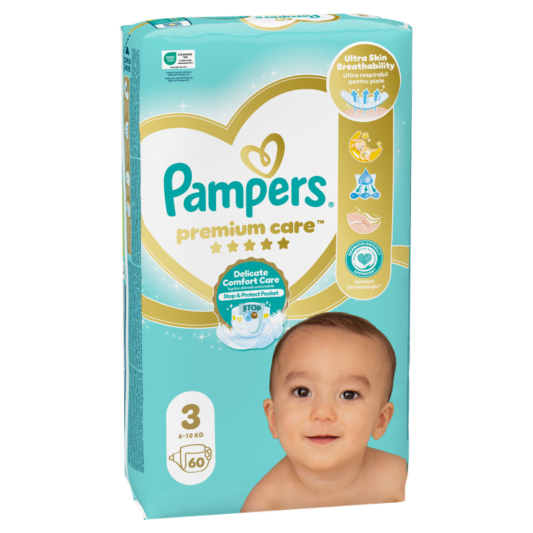 Pampers, Premium Care, pieluchy jednorazowe, rozmiar 3, 6-10 kg, 60 szt.