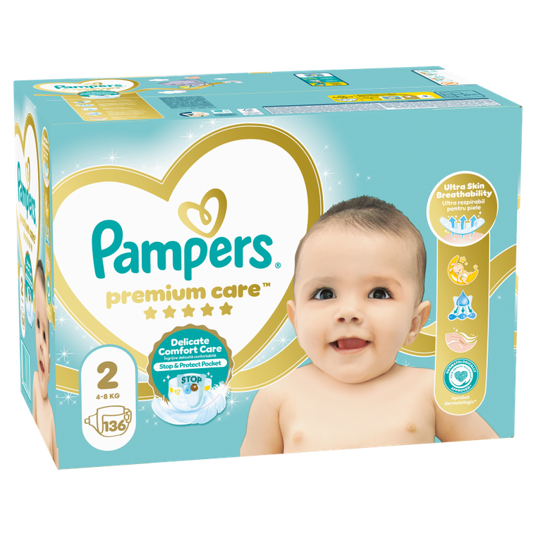 Pampers, Premium Care, pieluszki, rozmiar 2, 4-8 kg, 136 szt.