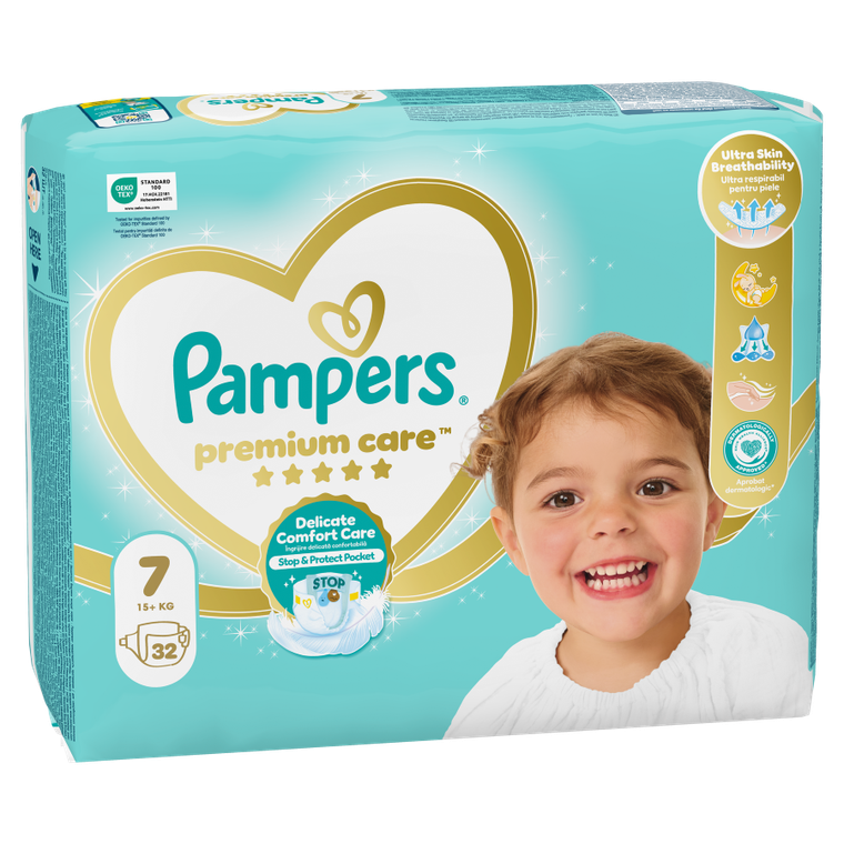 Pampers, Premium Care, pieluszki, rozmiar 7, 15 kg+, 32 szt.