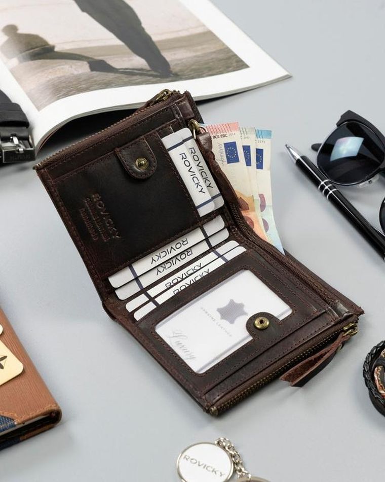 Portfel, brązowy, skórzany, RFID, Rovicky