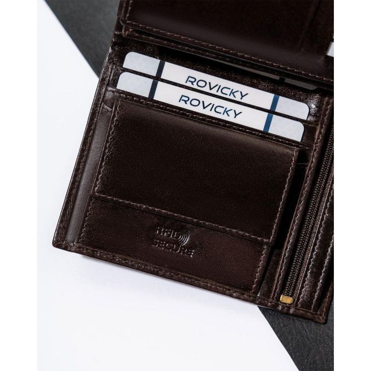 Portfel, brązowy, skórzany, RFID, Rovicky