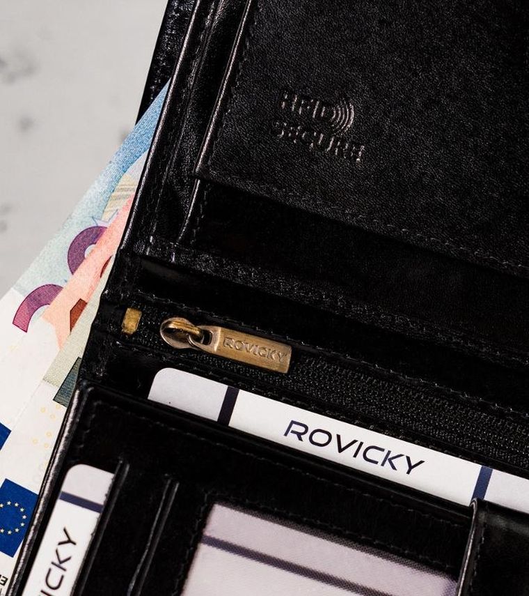 Portfel, czarno-czerwony, skórzany, RFID, Rovicky