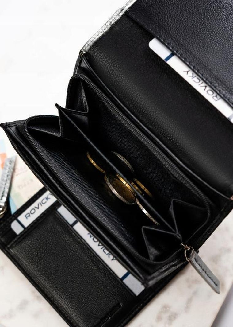Portfel, czarno-srebrny, skórzany, Rovicky