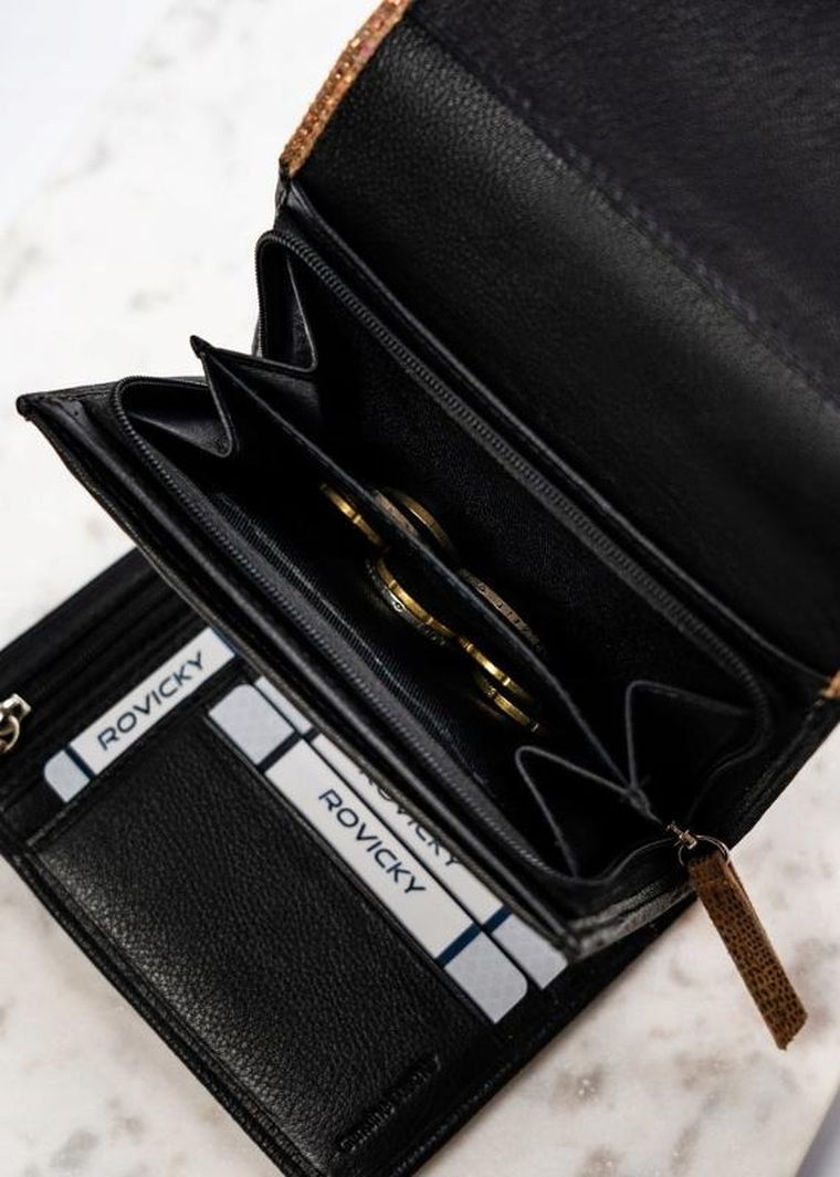 Portfel, czarno-złoty, skórzany, Rovicky
