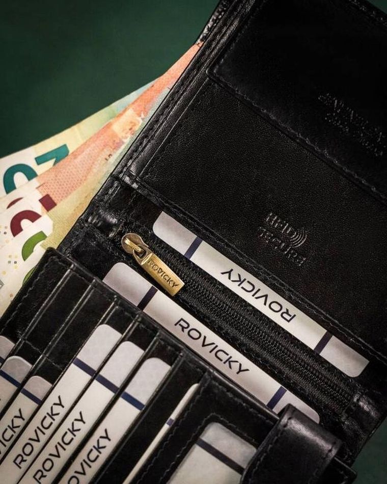 Portfel, czarny, skórzany, RFID, Rovicky
