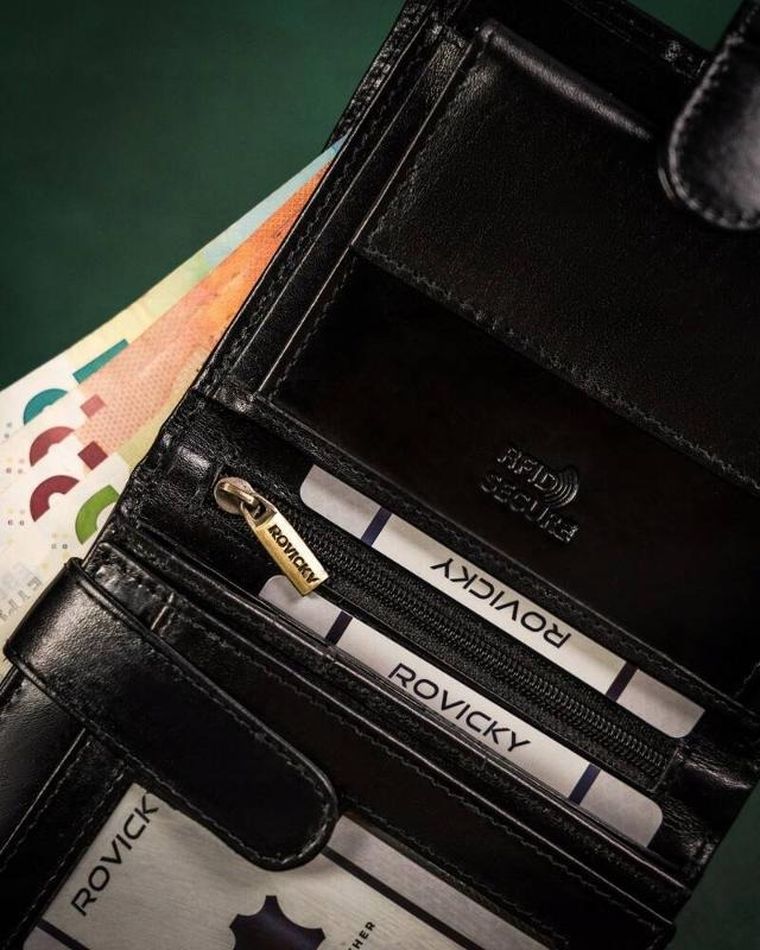 Portfel, czarny, skórzany, RFID, Rovicky