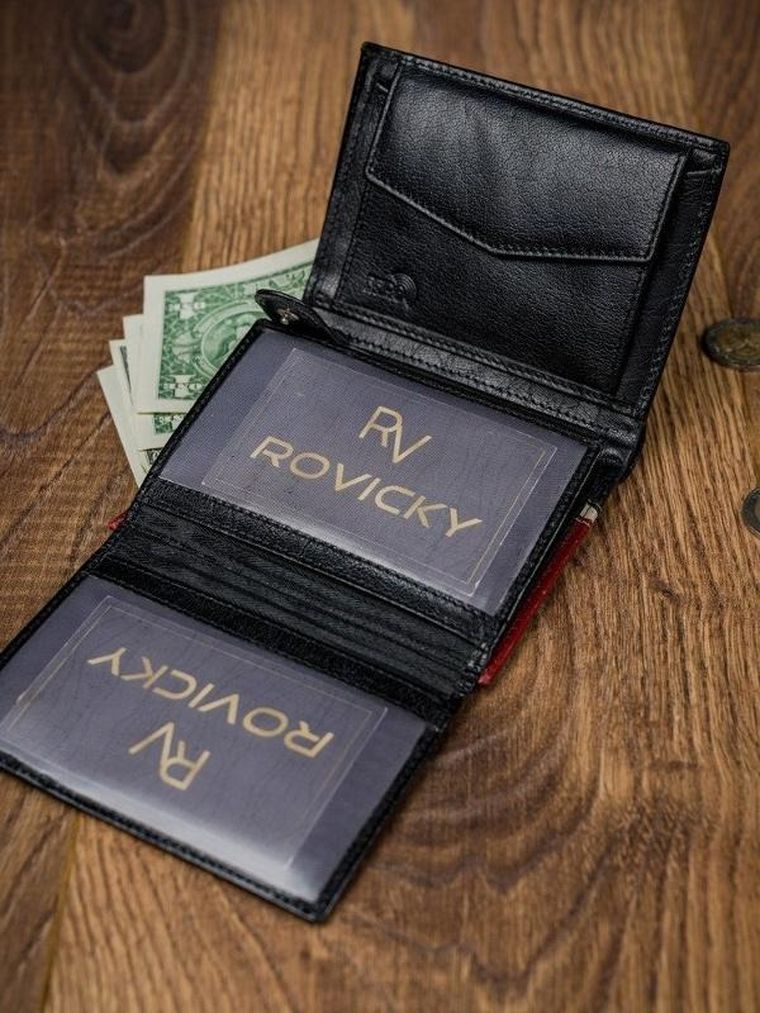 Portfel, czerwono-czarny, skórzany, RFID, Rovicky