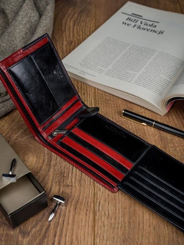 Portfel, czerwono-czarny, skórzany, RFID, Rovicky