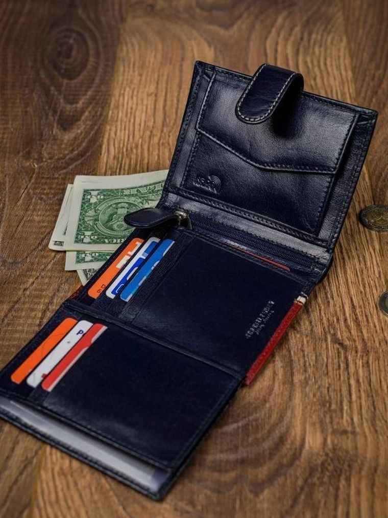 Portfel, czerwono-granatowy, skórzany, RFID, Rovicky