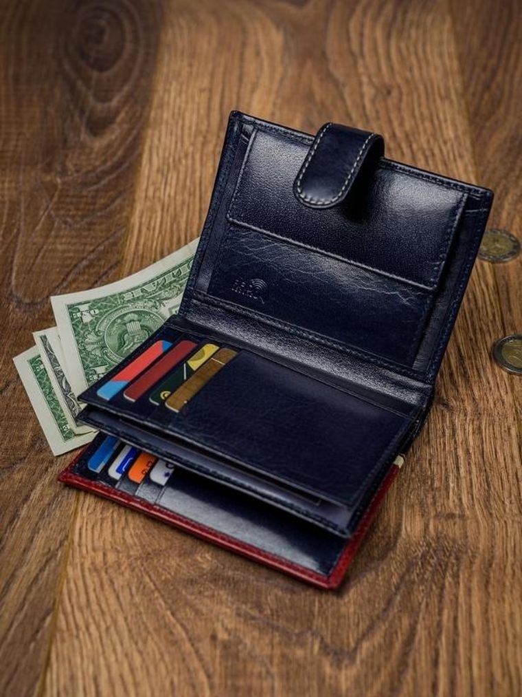 Portfel, czerwono-granatowy, skórzany, RFID, Rovicky