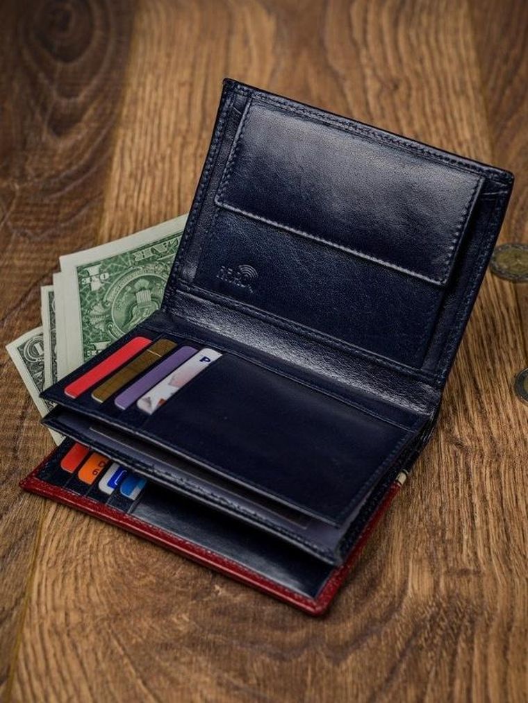 Portfel, czerwono-granatowy, skórzany, RFID, Rovicky