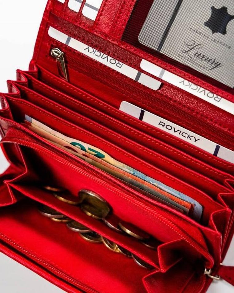 Portfel, czerwony, skórzany, RFID, Rovicky