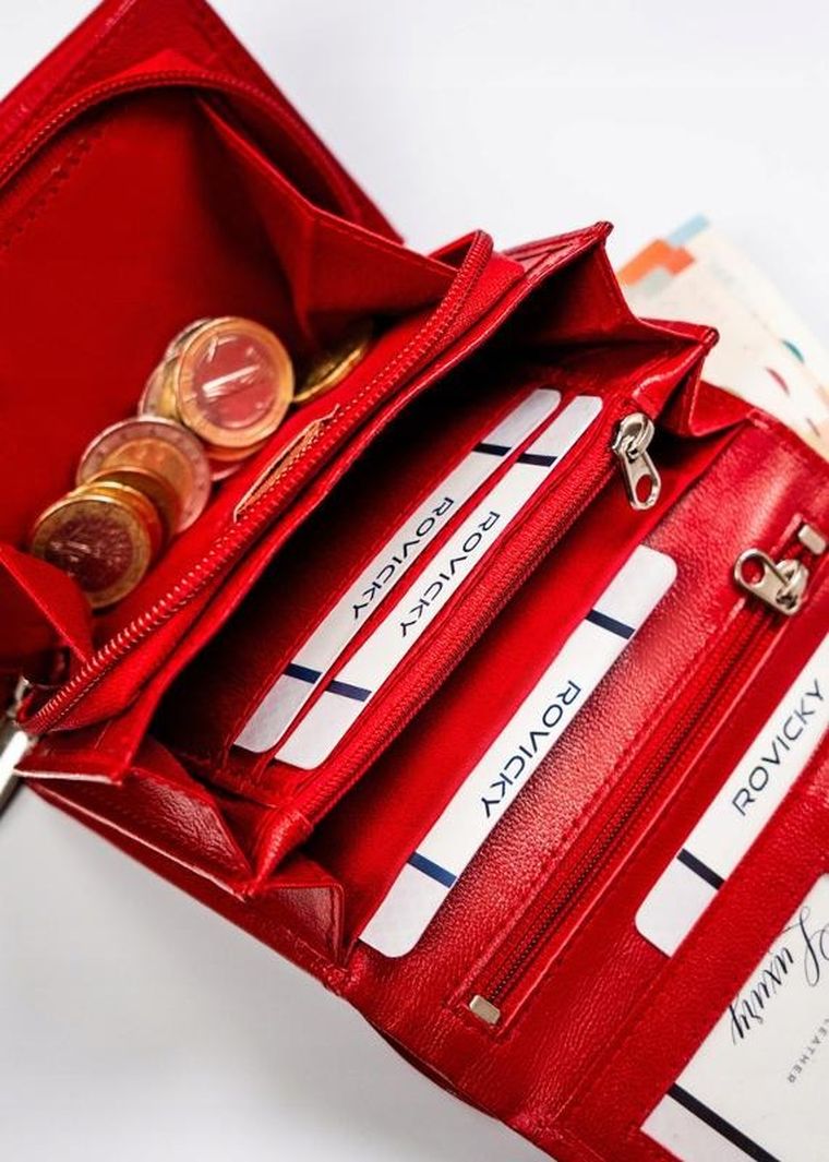 Portfel, czerwony, skórzany, RFID, Rovicky