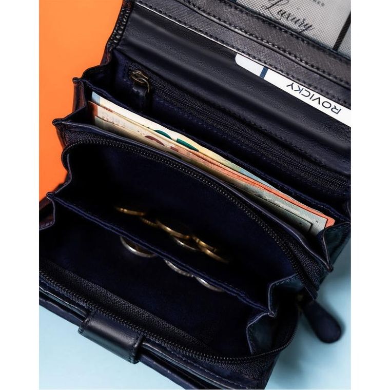 Portfel, granatowy, skórzany, RFID, Rovicky