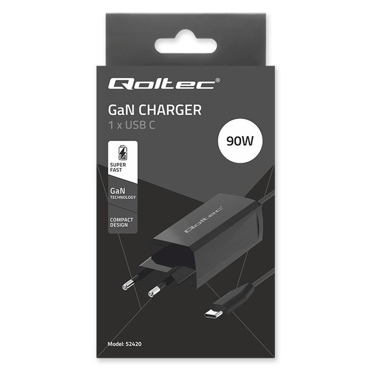 Qoltec, ładowarka sieciowa, 90W, GAN, 5-20V, 3-4.5A, USB-C 3.1
