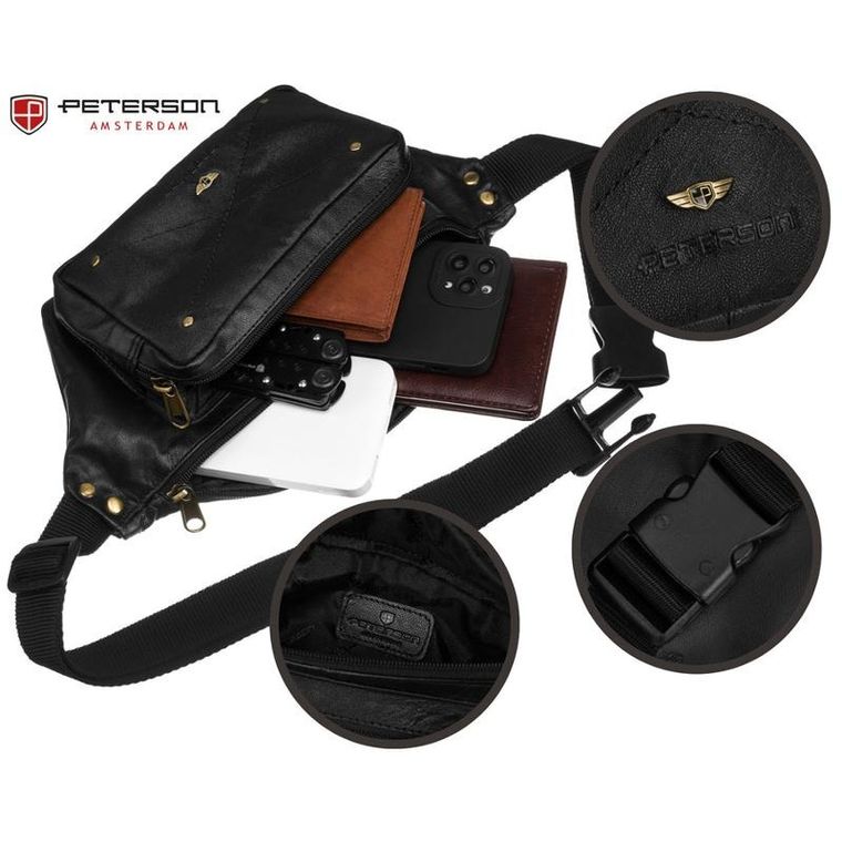 Saszetka na biodro, nerka, czarna, skórzana, Peterson