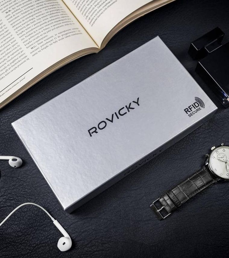 Saszetka-portfel, czarna, skórzana, RFID, Rovicky