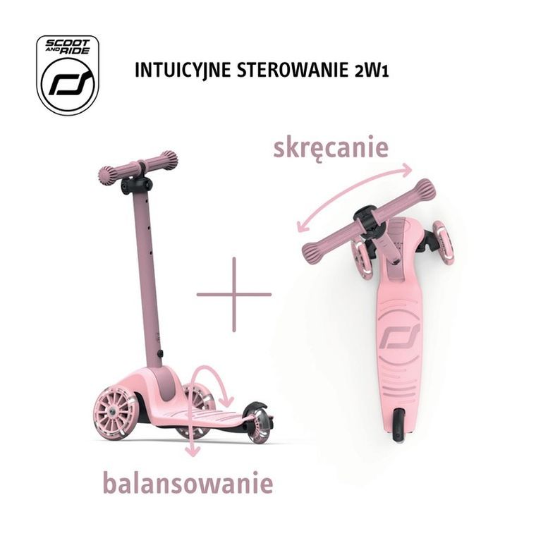 Scoot & Ride, Highwaykick 3S, hulajnoga z systemem sterowania 2w1, Rose