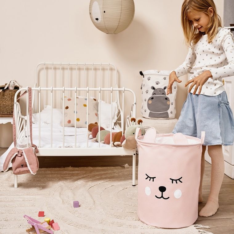Sipo, kosz na zabawki XL, bawełniany, wodoodporny, zamykany na ściągacz, Różowy miś