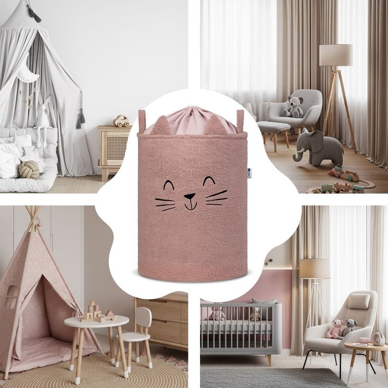 Sipo, Kot, kosz na zabawki XL, premium boucle, zamykany na ściągacz, różowy