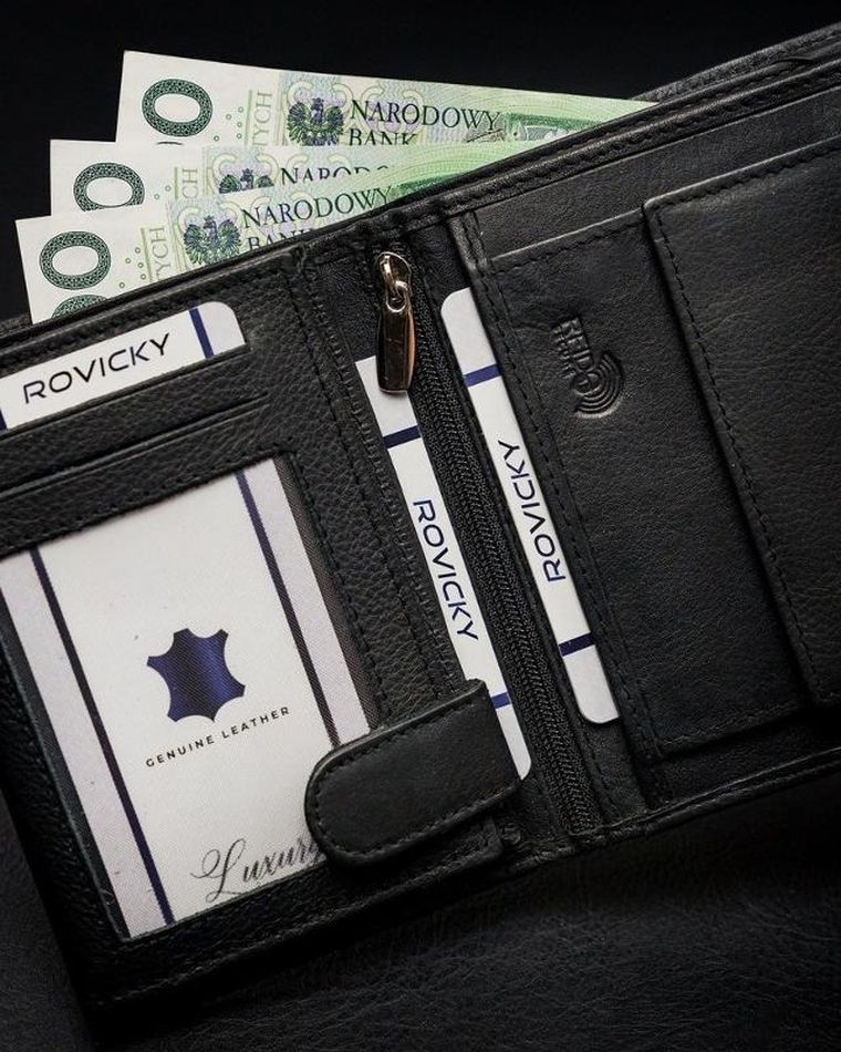 Składany, pionowy portfel męski z kieszonką na suwak, skóra naturalna, Rovicky