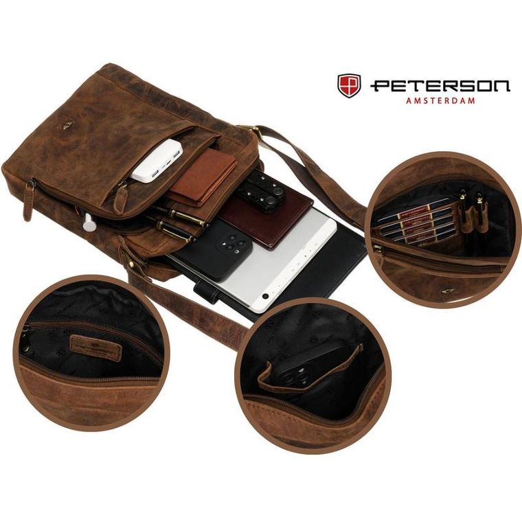 Torba listonoszka, brązowa, skórzana, Peterson