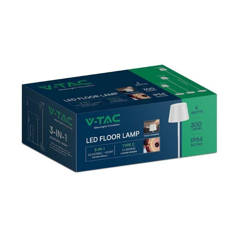 V-tac, lampa podłogowa LED, biała, ładowalna, 3000K, 4W