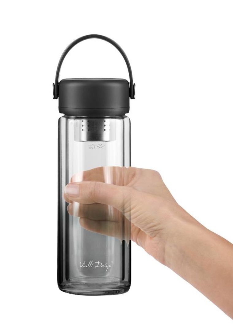 Vialli Design, Fuori, butelka z podwójną ścianką i zaparzaczem, czarna, 350 ml