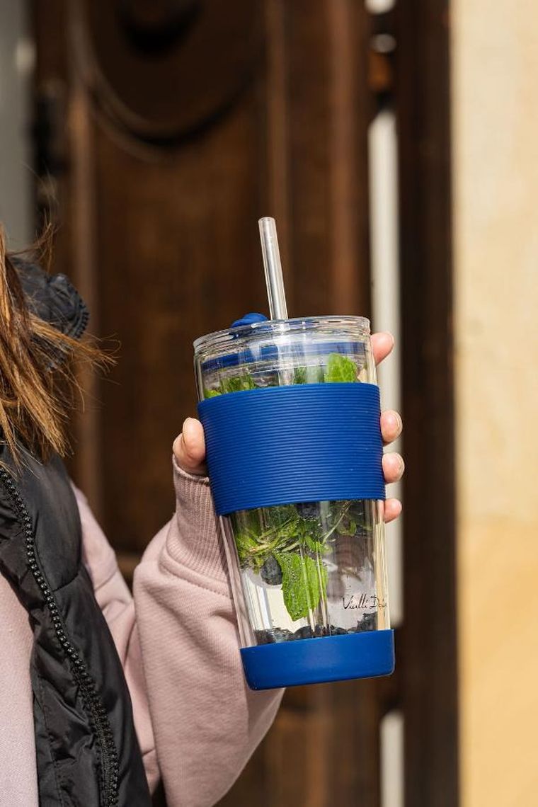 Vialli Design, kubek termiczny szklany ze słomką, 600 ml, granatowy Fuori