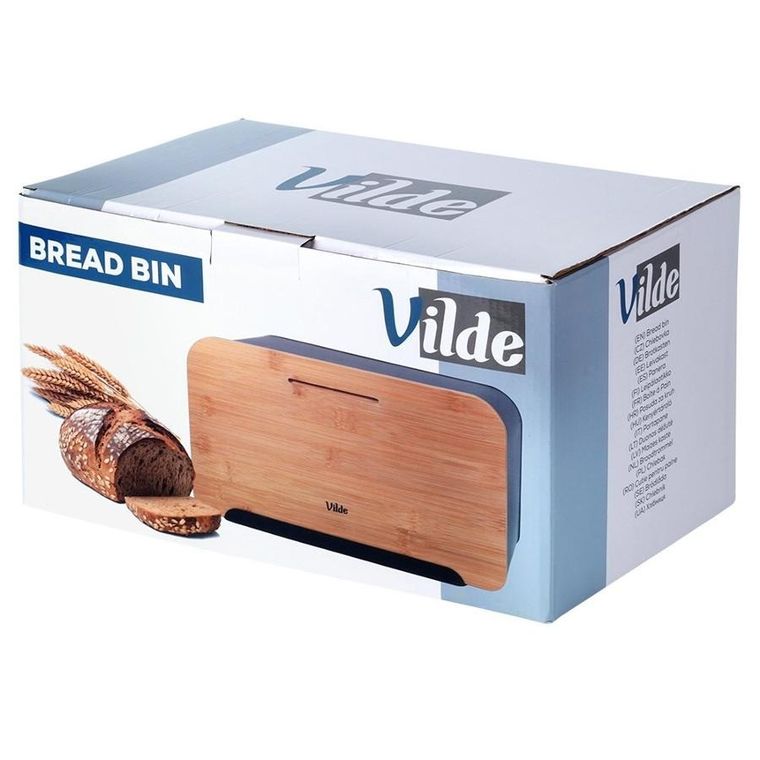 Vilde, chlebak metalowy z deską bambusową, czarny, 35-22-20,5 cm