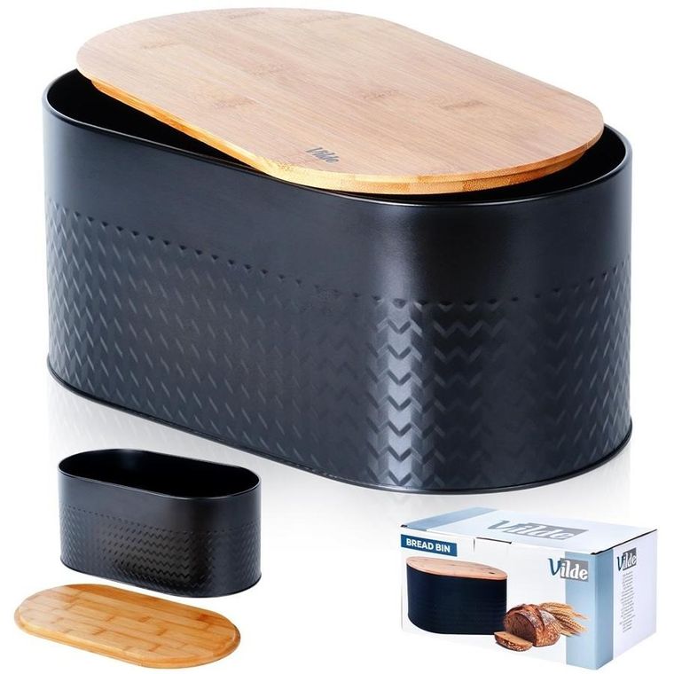Vilde, chlebak stalowy z deską drewnianą, czarny, 34-18,5-15,5 cm