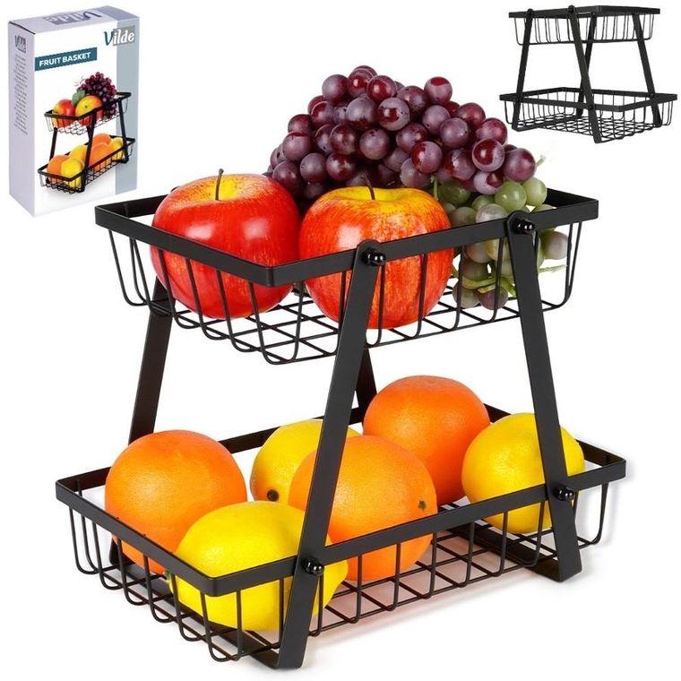 Vilde, koszyk na owoce metalowy, 2-poziomowy, czarny