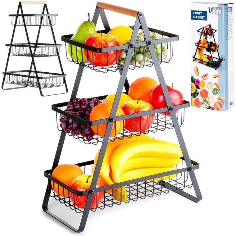 Vilde, koszyk na owoce metalowy, czarny, 3-poziomowy
