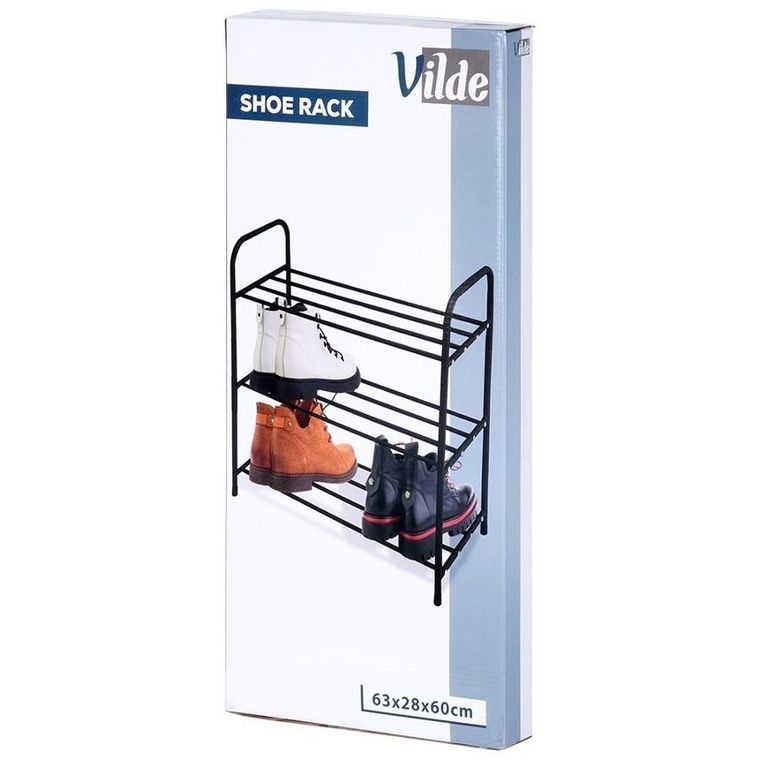 Vilde, regał na buty metalowy, 3-poziomowy, czarny, 63-28-60 cm
