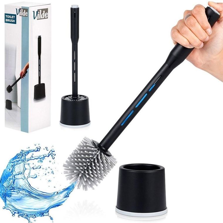 Vilde, silikonowa szczotka do toalety ze stojakiem i dozownikiem płynu, czarna, 40 cm