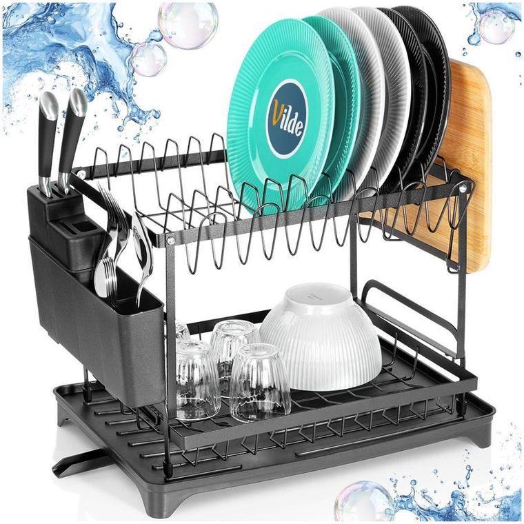 Vilde, suszarka na naczynia, metalowa, czarna, 2-poziomowa, 42-29-36,5 cm